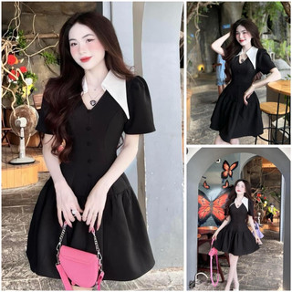 Đầm đen cổ trắng nhọn nút bọc tùng xoè