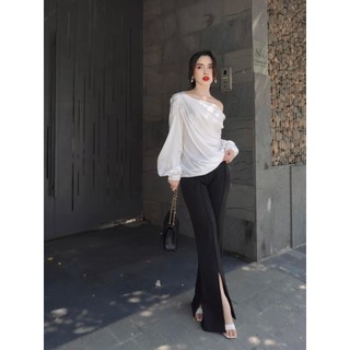 Áo lụa lệch vai tay dài Nora - Aurore Cloth, áo trễ vai lụa kiểu lệch vai thời trang Hàn Quốc