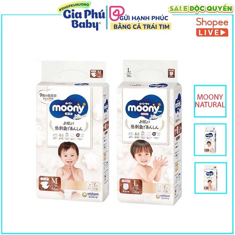 Bỉm Moony Natural dán và quần gồm các size NB63, S58, M46, L36,Xl32 chính hãng cho bé