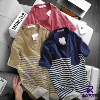Áo cổ tròn nam có túi, áo phông nam sọc ngang cổ tròn đẹp, cotton 100, tay ngắn, xanh đen, đỏ, rêu RIOOSHOP RTX003