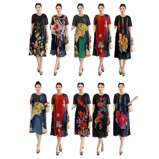 Đầm suông trung niên sang trọng cho mẹ voan tơ hoa 2 lớp, Đầm suông bigsize trung niên dáng chữ A
