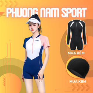 Đồ bơi nữ kín đáo, Bộ bơi nữ liền thân ngắn tay bigsize co giãn 4 chiều TẶNG kèm mũ bơi