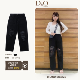Quần Ống Rộng Nữ Bigsize 55-90kg Quần Jean Nữ Dáng Dài Màu Đen Wash Rách Thời Trang 3104 Lưng Cao Tôn Dáng Không Giãn
