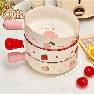 Tô sứ có tay cầm chống nóng cao cấp tiện lợi - Bát xinh ăn ngũ cốc, salad và súp hình dâu tây, đào dễ thương