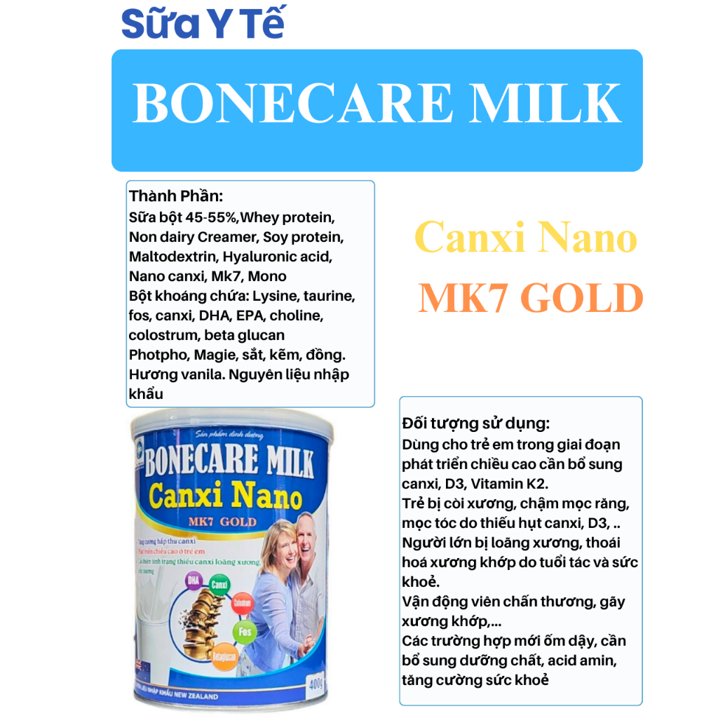 [Chính hãng 900g] Sữa Bonecare Milk Canxi Nano MK7 Gold Bổ Sung,Tăng Cường Hấp Thu Canxi, Phát Triển Chiều Cao Trẻ Em