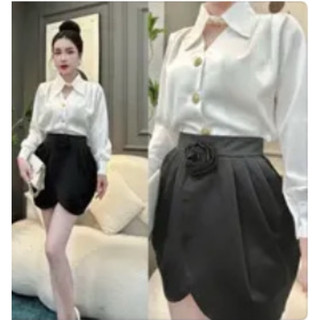 Set Áo sơmi lụa trắng + Quần tacta đen
