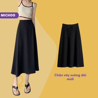 Chân Váy Suông Midi MICHOO Vintage Cá Tính Màu Đen Trơn