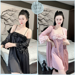 Đầm ngủ sexy 2 dây ren bèo tầng kèm áo choàng lụa siêu cưng freesize