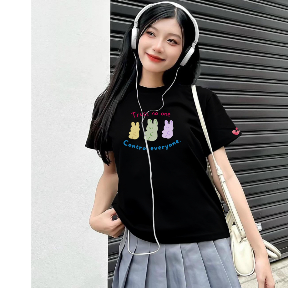 Baby Tee Đen Áo Thun Nữ Local Brand TNC Set Chân Váy Túi Hộp Nâu Da Basic Dễ Phối Hình Gấu In Chữ "Trust No One" 230GSM