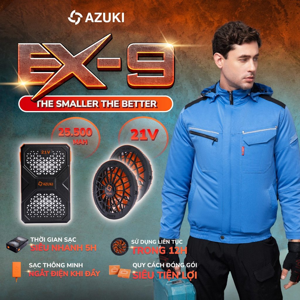 Áo Điều Hòa  AZUKI EX-9 Quạt 21V Siêu Cấp 2024, Pin 25.500mah Cực Khỏe,Kháng Khuẩn Khử Mùi  -HAKARA