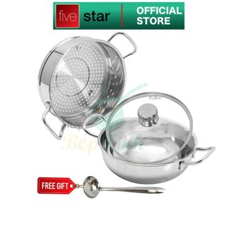 Nồi lẩu xửng hấp FIVESTAR 3 đáy từ nắp kính ( 24cm / 26cm / 28cm ) , tặng 1 vá canh