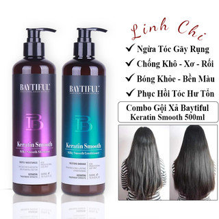 Cặp dầu gội đầu dưỡng tóc phục hồi hư tổn khô xơ baytiful keratin smooth 500ml, dầu gội xả keratin dày tóc ngừa gãy rụng