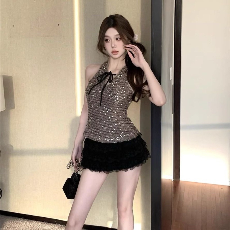 Áo 3 lỗ nữ kiểu đính lấp lánh, sét đồ nữ bling bling + quần váy đen