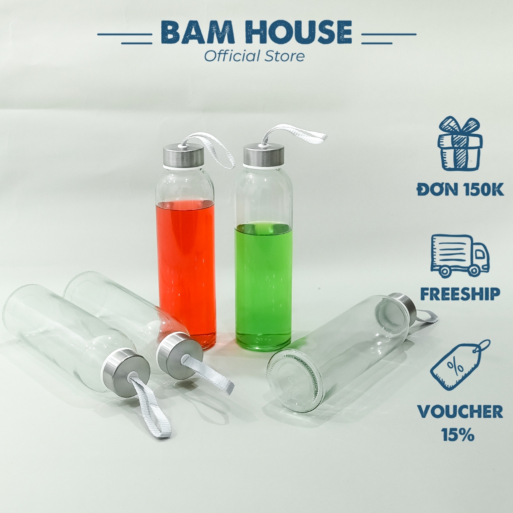 Bình Thủy Tinh Đựng Nước Bam House Dung Tích 500Ml Có Dây Treo Cao Cấp Bntt01
