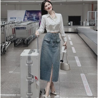 Áo sơ mi trắng croptop tay dài phồng cổ v
