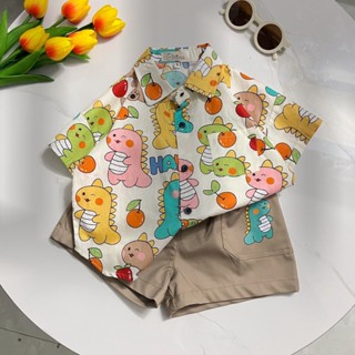 [9-34kg]Set sơ mi Khủng Long đi học, đi chơi, đi biển họa tiết nổi bật, đáng yêu cho bé, chất vải Thô cotton mềm mát