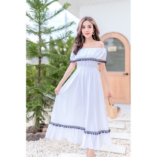 Đầm maxi xô trắng Thái, trễ vai,đầm đi biển,đầm xô tiểu thư
