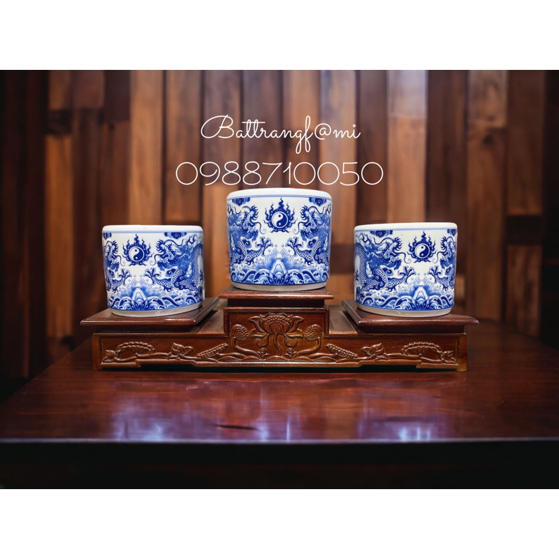 Bát hương/bát nhang lam/xanh họa tiết Song Long Liên Hoa men trắng