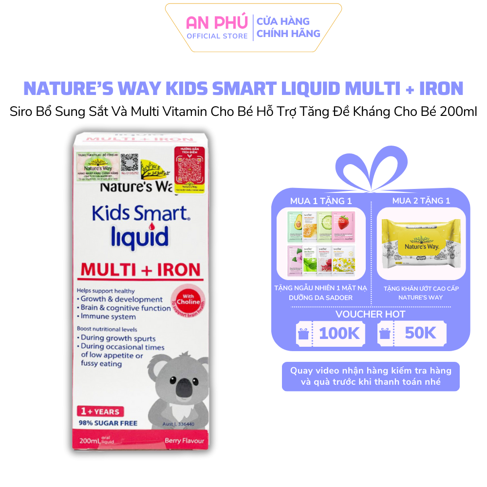 Siro Bổ Sung Sắt Và Multi Vitamin Cho Bé Nature's Way Kids Smart Liquid Multi + Iron Hỗ Trợ Tăng Đề Kháng Cho Bé 200ml