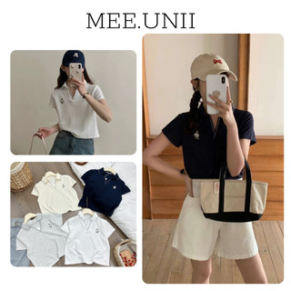 Áo thun polo nữ cổ V thêu gấu dáng lửng, áo thun có cổ MEE.UNII