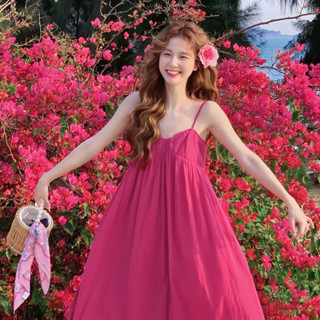 Váy maxi 2 dây màu hồng, váy 2 dây xoè dáng dài, váy đi biển Logastore_L144