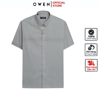 Áo sơ mi ngắn tay nam OWEN AB240059N công sở cao cấp vải sợi tre màu xám in họa tiết dáng body fit tà bằng không túi