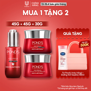Combo Serum và Kem dưỡng ngày & đêm Pond's Age Miracle mờ đốm nâu, nếp nhăn với 50X Hexyl-Retinol 30G+45G+45G
