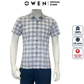 Áo sơ mi nam ngắn tay OWEN AB240017NT somi công sở cao cấp màu xám kẻ caro chất nano dáng body fit tà bằng có túi