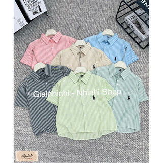 Áo sơ mi nữ cộc tay kẻ sọc thêu ngựa chất đũi mềm mát SM2075 - NhiNhi Shop