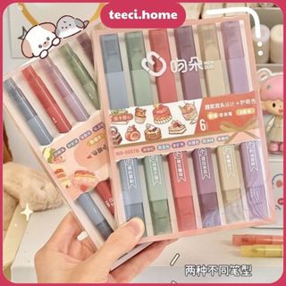 Set 6 Bút Highlight Pastel Bút Dạ Quang Màu Bút Đánh Dấu Nhớ Dòng Macaron 2 Đầu Màu Morandi Bullet Journal D168