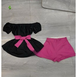 Set Áo Trễ Vai Cột Nơ Eo Kèm Quần Sort Thời Trang Nữ