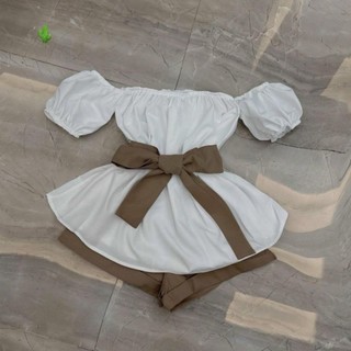 Set Áo Trễ Vai Cột Nơ Eo Kèm Quần Sort Thời Trang Nữ