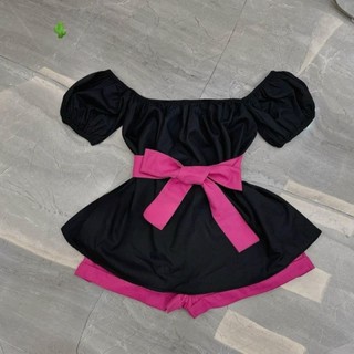 Set Áo Trễ Vai Cột Nơ Eo Kèm Quần Sort Thời Trang Nữ