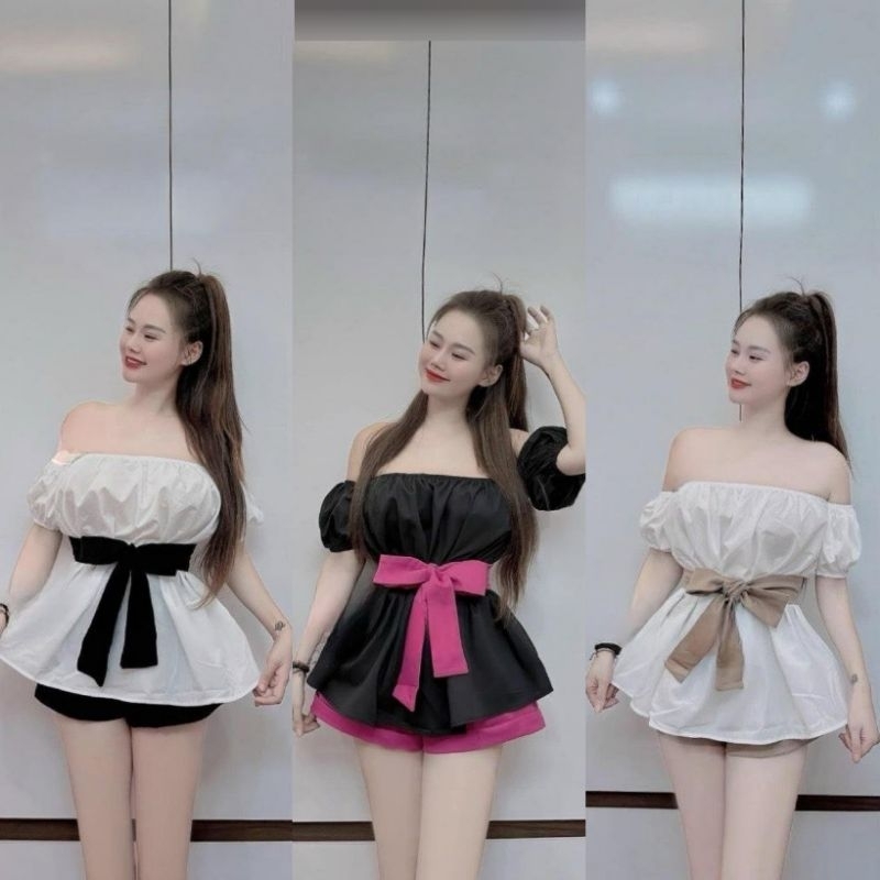 Set Áo Trễ Vai Cột Nơ Eo Kèm Quần Sort Thời Trang Nữ