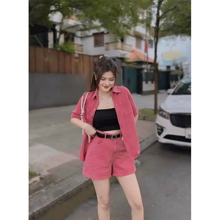 Sét bộ đùi xu hướng dễ thương du lịch chất kaki tay ngắn kèm lót thun gân mix quần đùi kèm nịt XĐ xanh , hồng