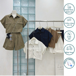 Set Áo croptop túi hộp cổ sơ mi kèm quần đùi chất thô