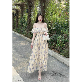 Đầm xu hướng dễ thương ngày Hè chất voan cao cấp in hoa trễ vai có mút chạy moking vây xoè maxi 2 XĐ