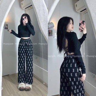 Set thun áo croptop tay dài đan dây lưng kèm quần dài suông lưng thun form 38-54kg