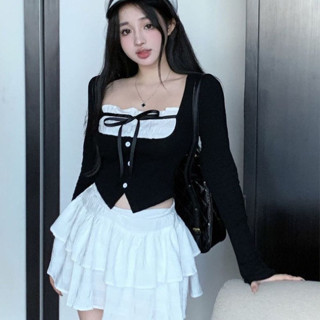 Set Áo Croptop Tay Dài Thắt Nơ Phối Chân Váy Voan Tầng TIBU Set Bộ Đồ Nữ Đen Trắng Sang Chảnh Tôn Dáng Siêu Xinh - Sam