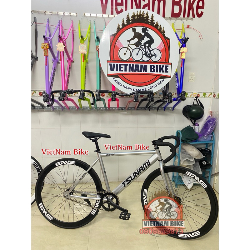 Xe thể thao fixed gear & single speed tsunami màu bạc bánh đen ( kèm strap và đồ lắp)