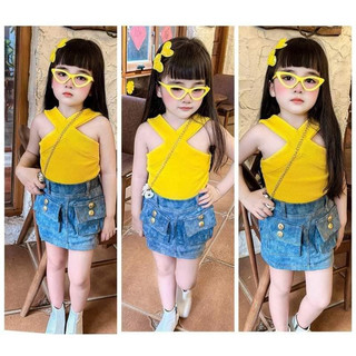 Quần áo bé gái, set áo cổ yếm chân váy jean cho bé 10-30kg
