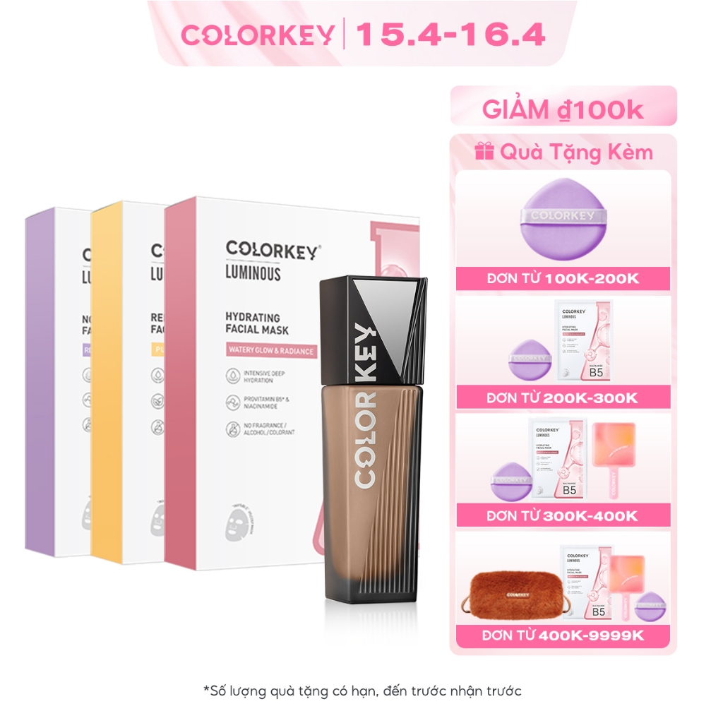 [MUA COMBO TẶNG 3  MIẾNG] - Combo 1 chai Kem Nền Kiềm Dầu &amp; 3 hộp Mặt Nạ Giấy COLORKEY  LUMINOUS Vitamin B5 10 miếng/hộp