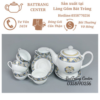 (7 MẪU)Ấm chén pha trà Bát Tràng 500ml-men trắng vẽ Viền Hoạ Tiết:hoa Đào Hỷ,Viền Hạc-dáng Minh long