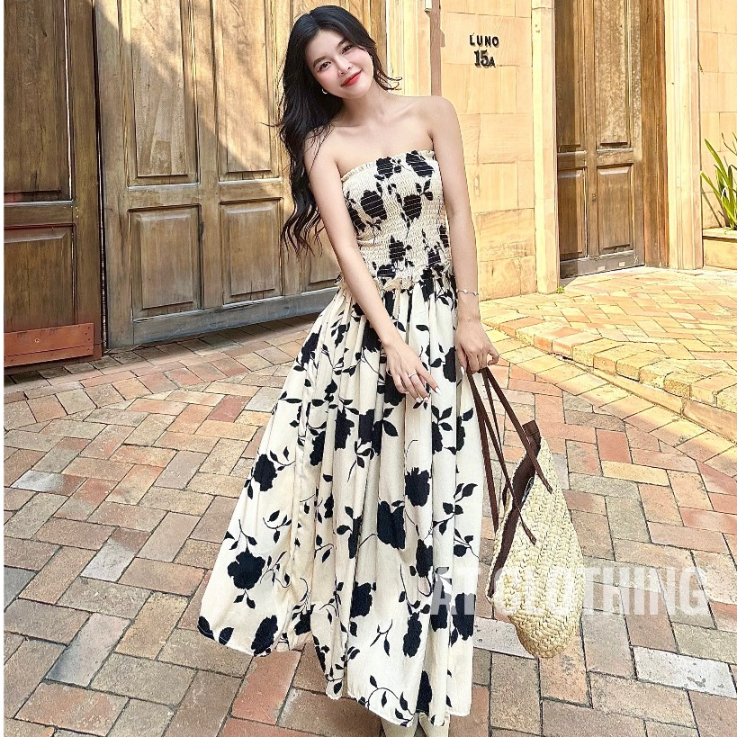 Đầm Maxi Cúp Ngực Hoa Xòe Phồng _AT CLOTHING