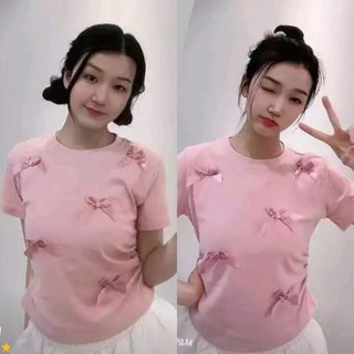 Áo thun cổ tròn tay ngắn Babytee đính nơ thời trang