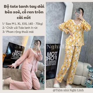 Đồ bộ tole lanh mặc nhà , dáng rộng xoè babydoll tay dài phối ren - Tiệm nhà Nghi Linh