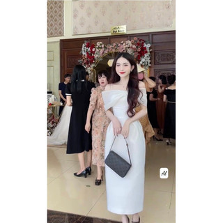 Đầm nữ đi tiệc, dự đám cưới trễ vai chất tafta phối tơ nhẹ nhàng