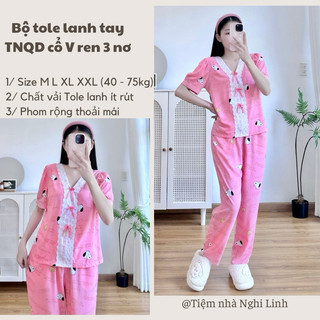 Đồ bộ vải tole lanh tay ngắn quần dài phối ren 3 nơ- Tiệm nhà Nghi Linh
