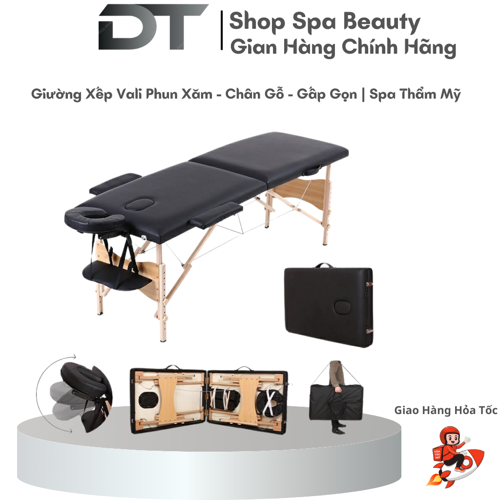 Giường Xếp Vali Phun Xăm | Chân Gỗ Spa - Nối Mi Phun Xăm Tatoo _ Giường Massage Gấp Gọn