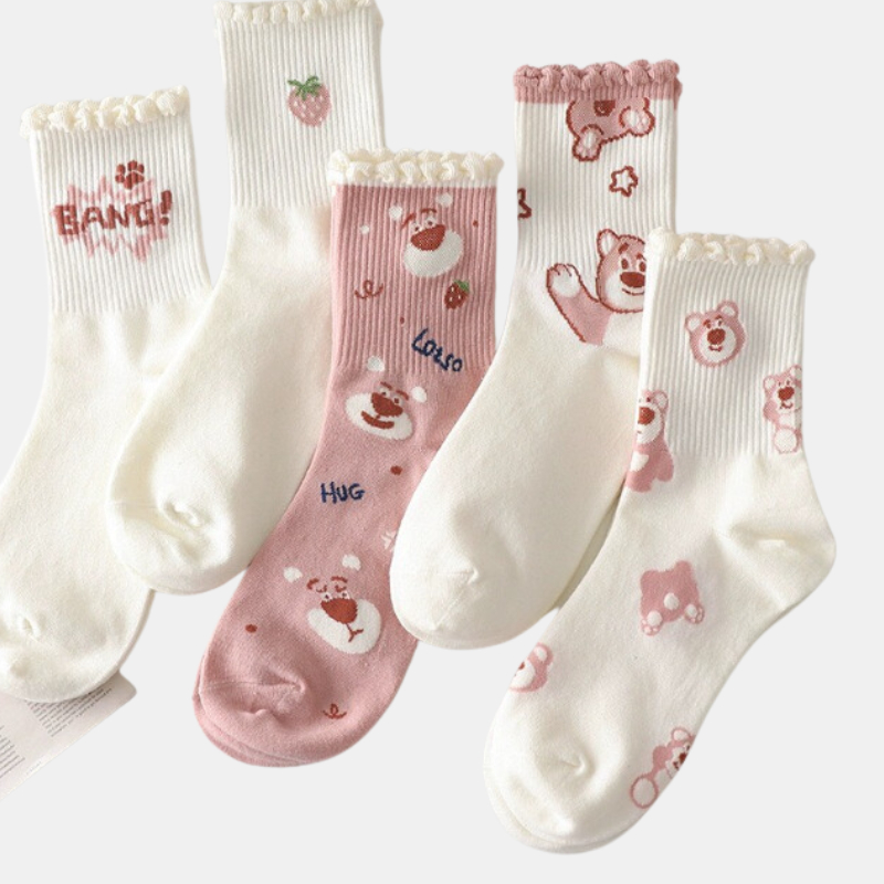 Tất Gấu Dâu Viền Bánh Bèo TVA13